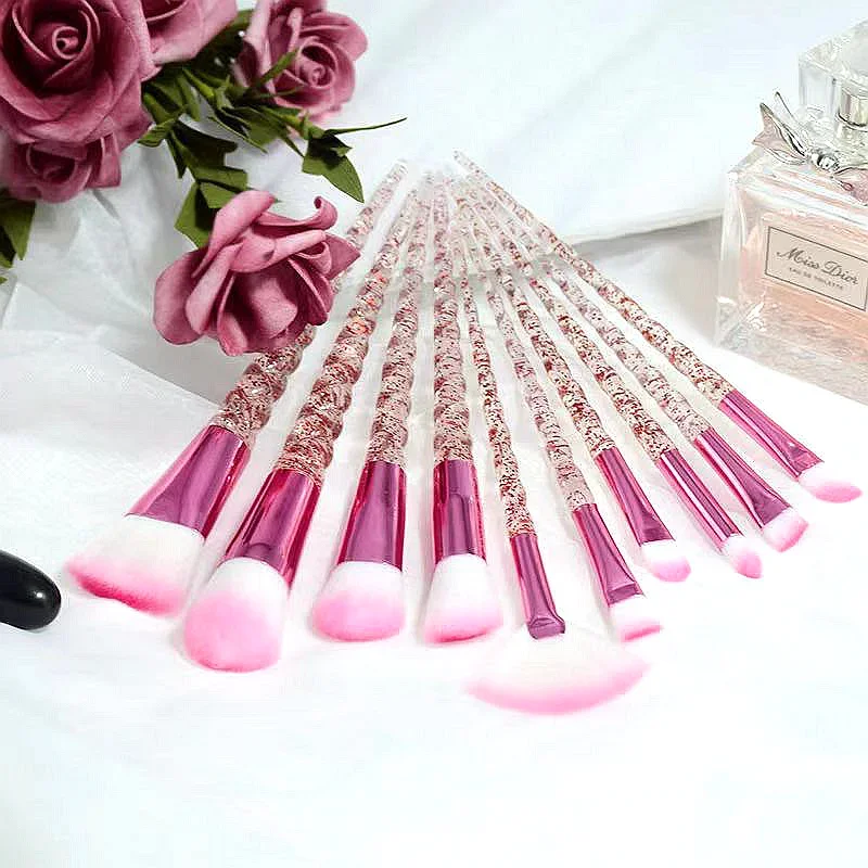 10PCS Glittery Crystal Spiral Handle Makeup Brushes Set Foundation Powder Blush Eyeshadow Concealer Professional Make Up Brush