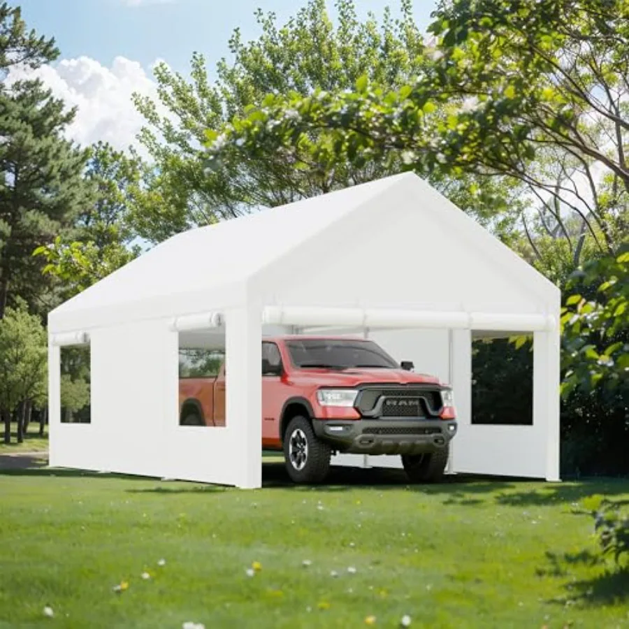 

Portable garage for cars trucks boats; heavy-duty steel frame with all-season tarp; gray; removable side walls doors roll-up wi