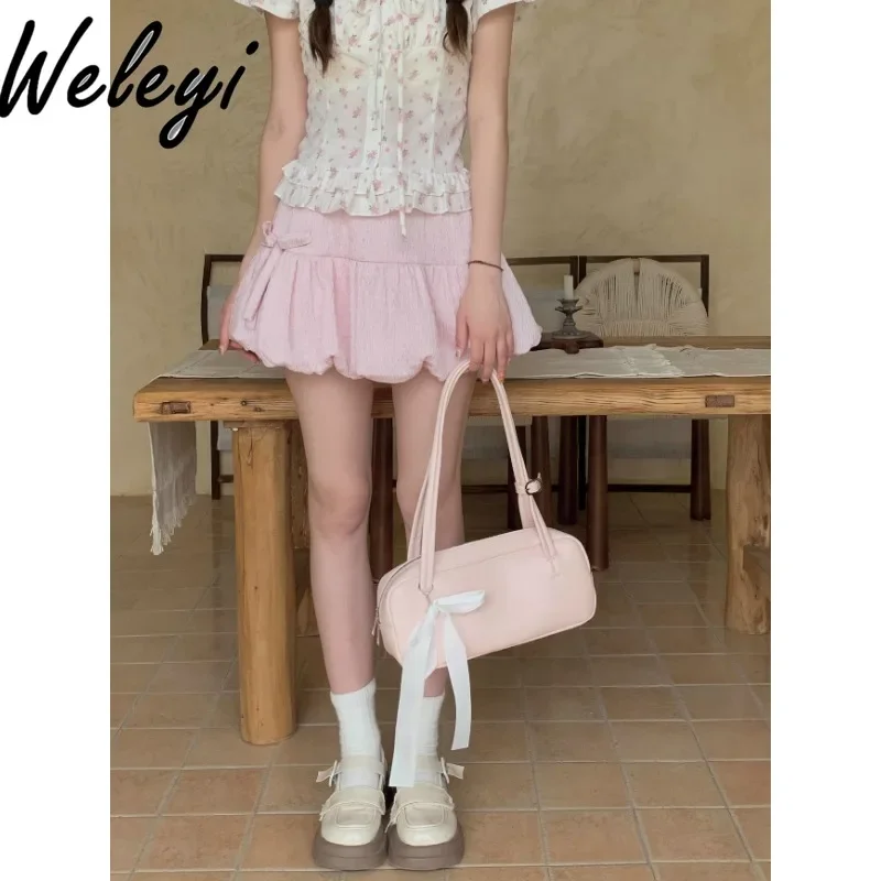 

Sweet Pink Faldas Para Mujeres Korean Fashion 2024 Summer New Cute Versatile Elegant Bud Skirt High Waist A Line Mini Short Jupe