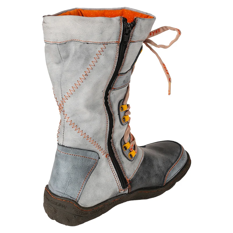 Patchwork Stitch-Detail PU Leather Mid-Calf Women's Boot