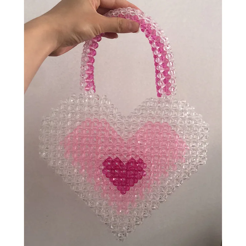 Love Pink Peach Red Beaded Weaving Design for Women's Bag New Ins Fashion Valentine's Day Popular Ladies Handbag Customization