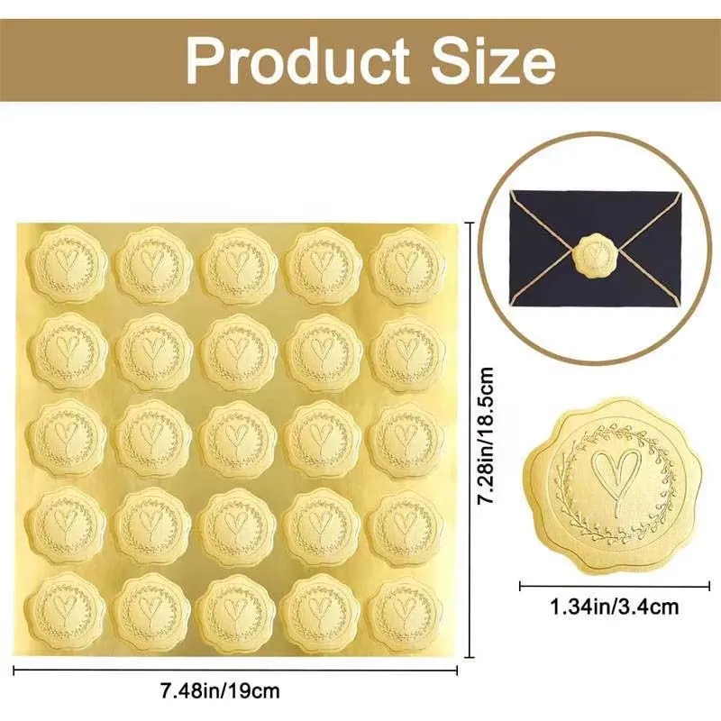 250pcs Gold Embossed Heart Stickers Envelope Seal Wax Looking Labels Wedding Party Invitation Card Christmas Gift Decoration