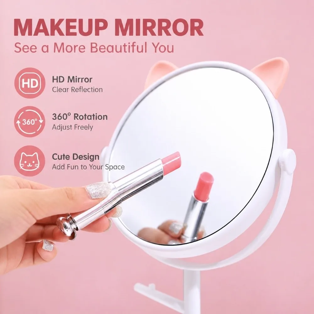 Kawaii Cat Ear Vanity Mirror Storage Tray with Jewelry Hooks Makeup Mirror 360°Rotation Lightweight Desktop Mirror