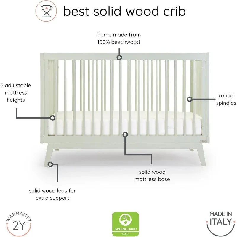 dadada Baby Soho 3-in-1 Convertible Crib to Toddler Bed – Wooden Crib Made in Italy, GREENGUARD Gold Certified Small Baby Crib