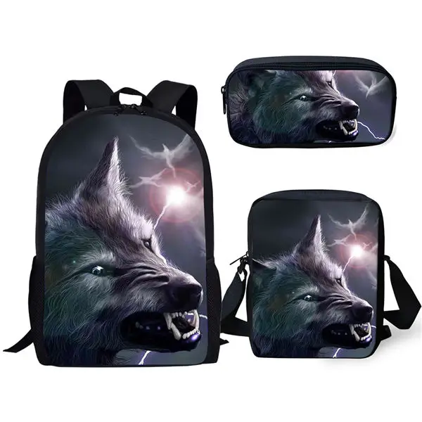 Fantasy Moon Wolf 3D Print School Bags, mochila para alunos, mochila de ombro inclinado, estojo para lápis, moda, laptop, 3 peças por conjunto