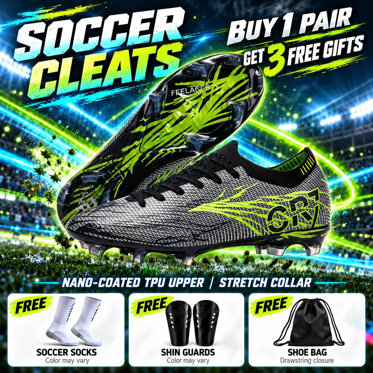 Men Soccer Cleats FG Long Spikes Football Boots Knit Stretch Collar Nano-Coated TPU Upper Outdoor Grass Match Training Shoes