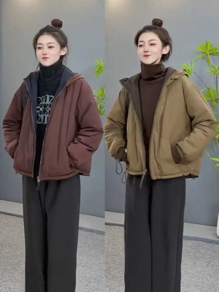 

Double-Sided Wear Cotton Jacket Loose Short Lightweight Casual Women's Retro Style Commute Thickened Long Sleeve Zipper Coat