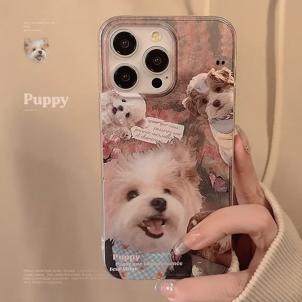 Garden puppy dog party Summer sweet flower art Phone Case For iPhone 16 15 14 13 12 11 Pro Max Xr 16 14 15 Plus Case Cute Cover