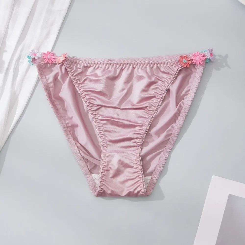 Einfache, niedrig geschnittene Satin-Seiden-Slips, Unterhosen mit Baumwoll-Zwickel, Blumenmuster, atmungsaktive Damenunterwäsche – Detail 8