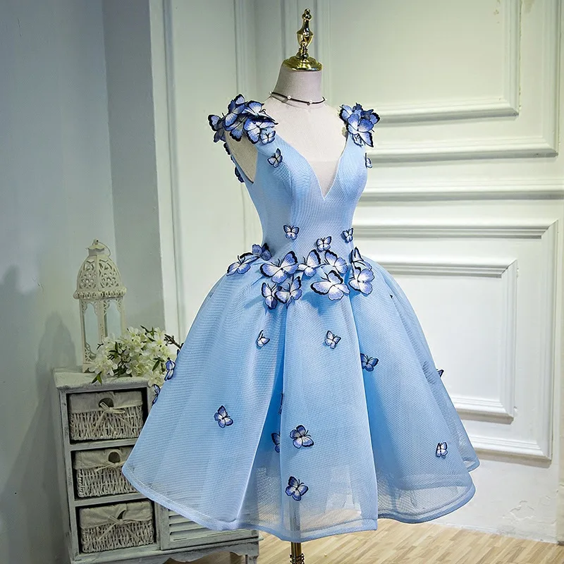 Butterfly Appliques Light Blue Short Homecoming Dress Deep V Neck Tulle A-Line Prom Gown Cocktail Party Graduation Dress
