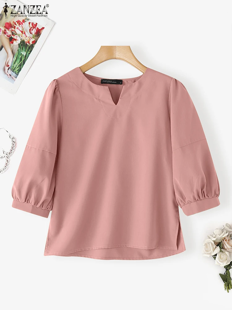 

2025 ZANZEA Fashion Autumn Tunic Tops Women Lantern Sleeve Blouse 3/4 Sleeve Casual Loose V-Neck Solid Color Streetwear Shirts