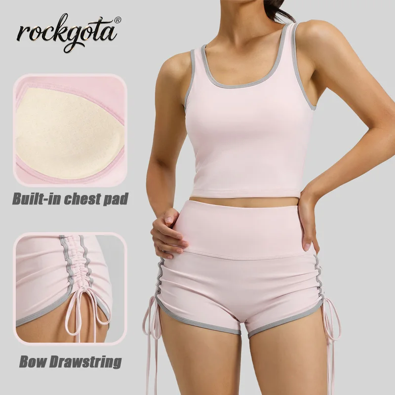 Rockgota Women's 2-Piece Yoga Shorts Set, Fashion Color-Block Tank Top, High Waist Bow Shorts, Fitness Sports Suit