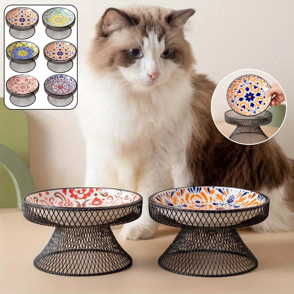 

2026 New Raised Cat Feeder Bowl with Stand Neck Protection Elevated Pet Food Water Bowl Ceramic Puppy Feeding Dish Pets Supplies