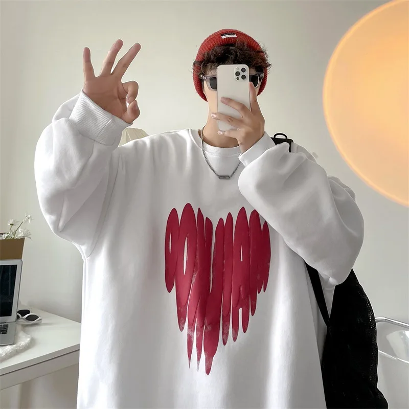 Man Sweatshirts Love Printing Plush Autumn and Winter Long Sleeve Loose O-Neck Casual Oversized Hooded Y2K Streetwear