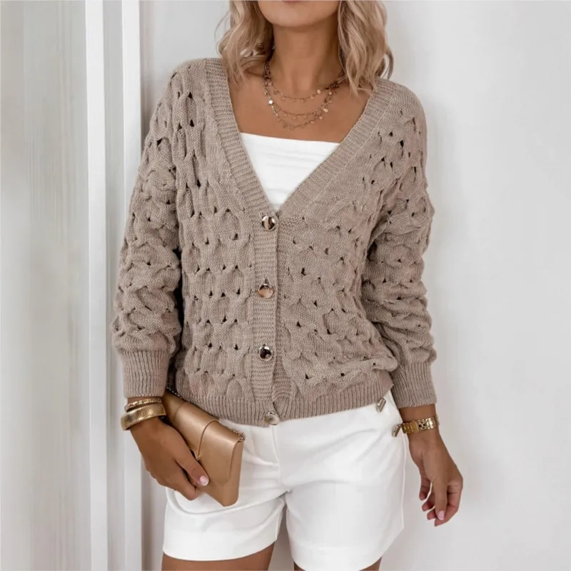 

Women's cardigan sweater khaki Spring/ autumn/winter loose casual jacket knitted long sleeved top basic Simple