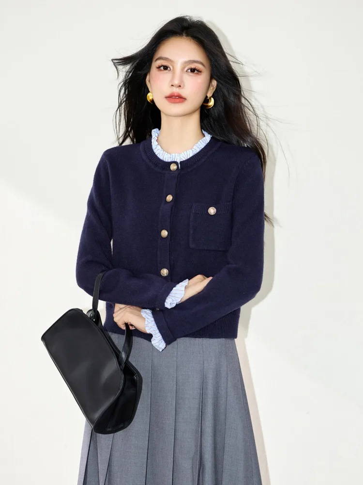 Осень 2022, французский шикарный ленивый высококачественный свитер, топы для женщин, искусственный двухсекционный вязаный кардиган, корейская мода, повседневный Pull Femme