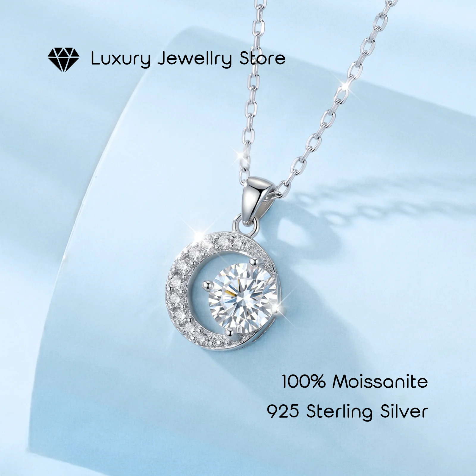 GRA Certified VVS1 D Color Round Cut Moissanite Crescent Moon Necklace 925 Sterling Silver Luxury Fine Jewelry Birthday Annivers