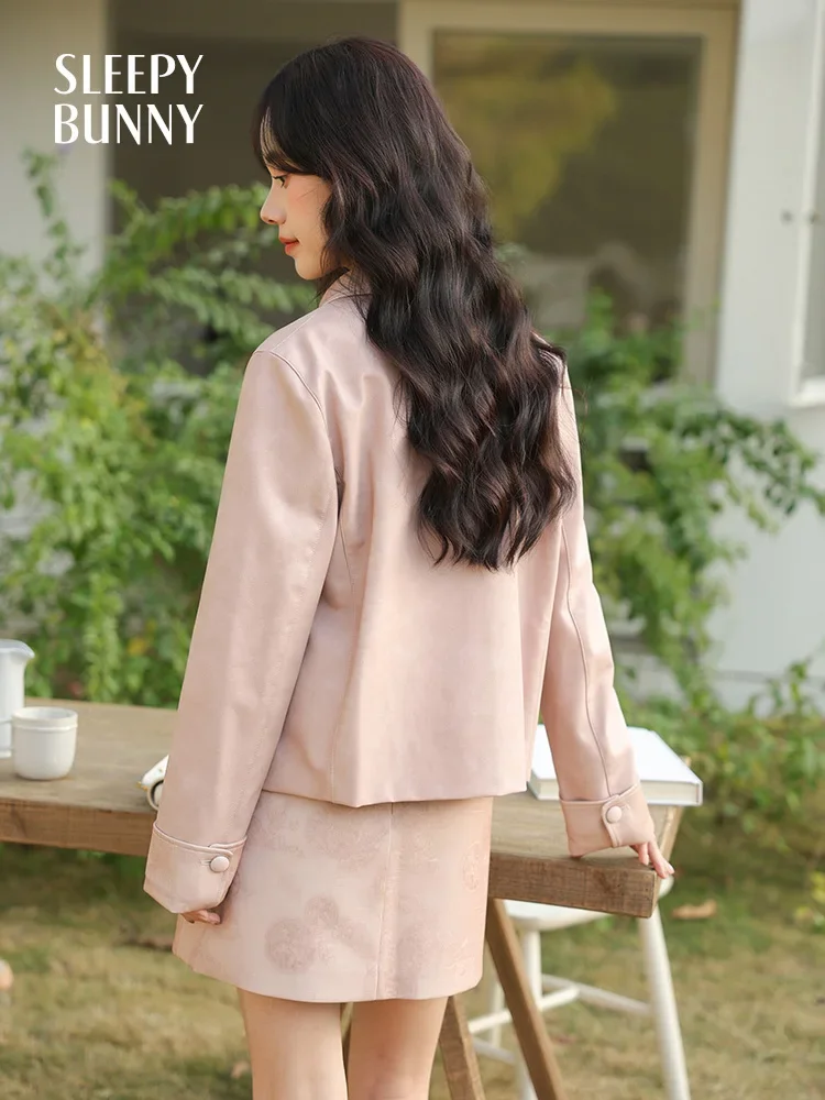 Women Faux Leather Jacket and High-Waist A-Line Skirt Set Slim Fit Turn Down Collar Outfit Chic Spring Two-Piece Matching Set