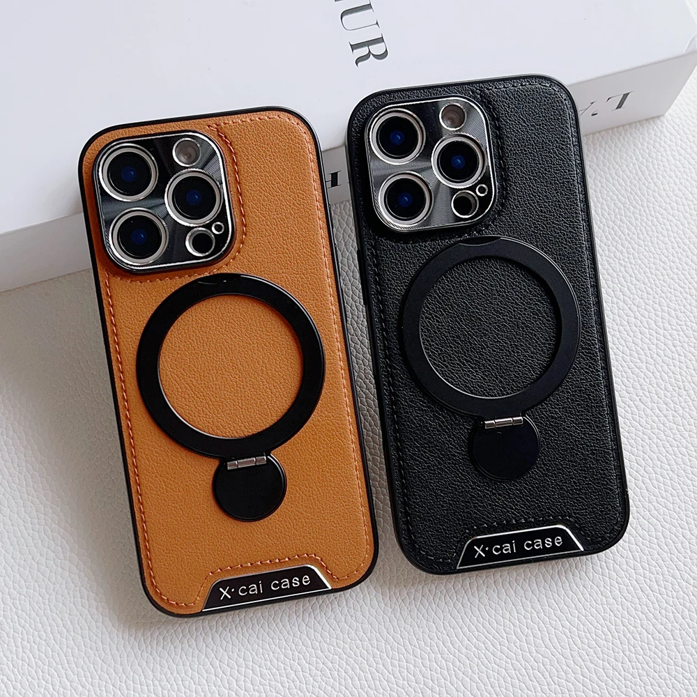 

For iPhone 12 13 14 15 16 Pro Max Case 360° Rotation Invisible Metal Ring Stand Bracket Full Lens Protection Leather Case Cover