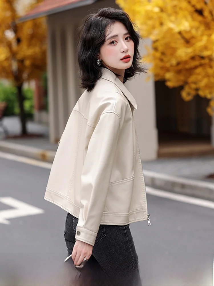 2025年春秋レディース オーバーサイズ ルーズ スリムカラー シープスキンレザージャケット 大きいサイズ アウター 通勤 スタイリッシュ ファッション