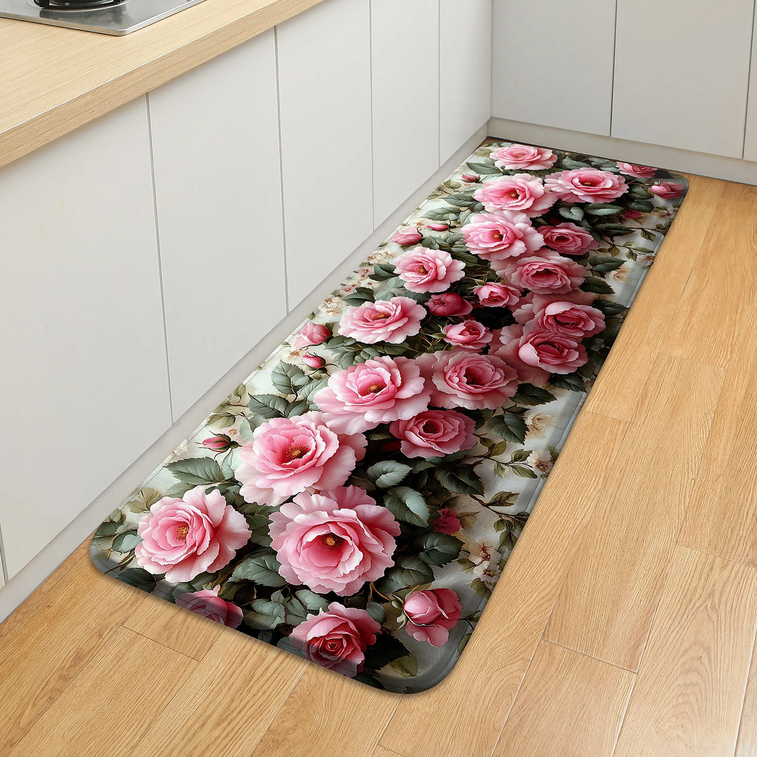Rutschfeste Küchenmatte, Rosen-Design, Polyester-Badezimmermatte, Eingangsteppich, Heimdekoration, dekorative Matte für Frühling und Sommer.