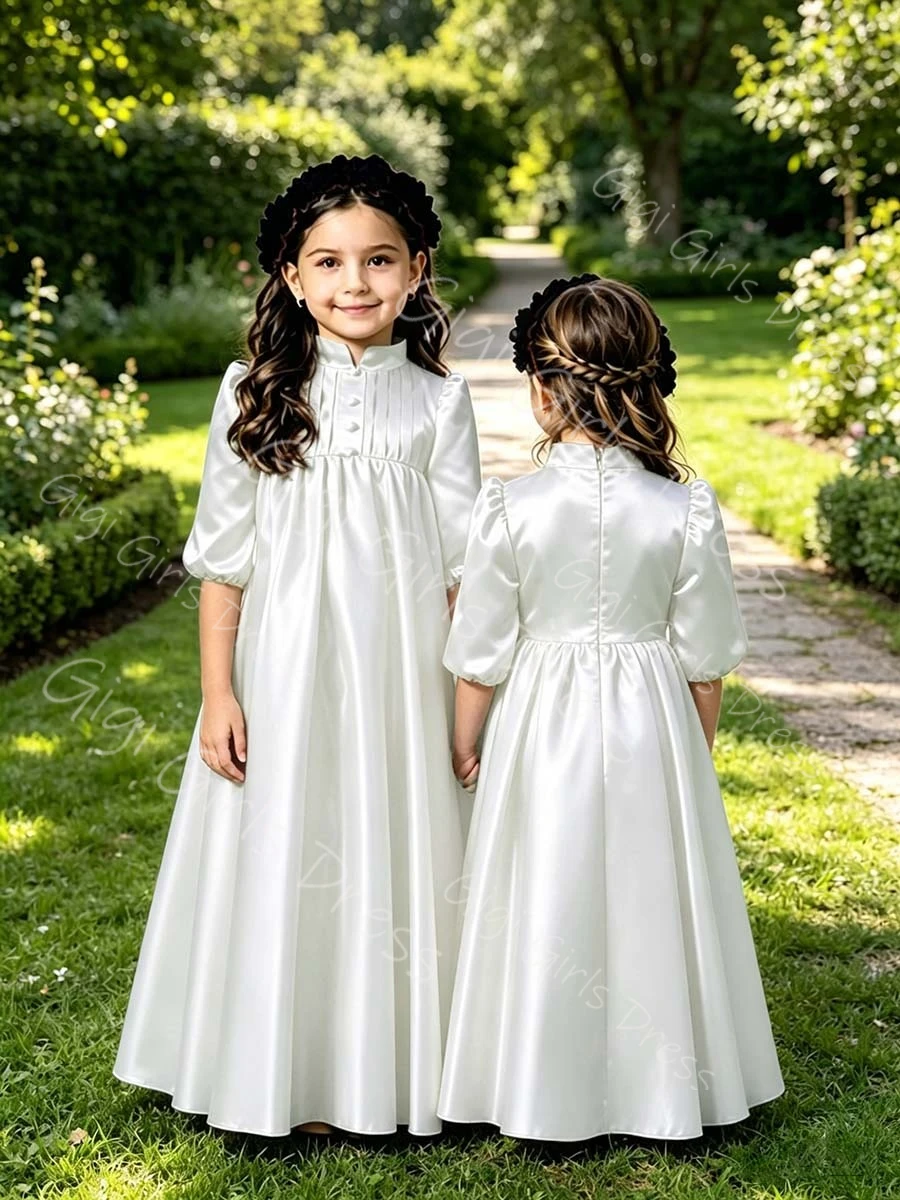 

Elegant Little Girls Party Gown High Waist Balloon Sleeve Wedding Flower Girl Dress Straight Communion Children's Costume Custom