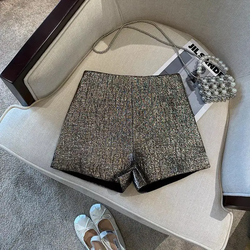 2024 Summer New Style Retro Small Fragrance Gold Shiny Jacquard Shorts High Waist Slimming Hot Pants for Women Wearing Outside