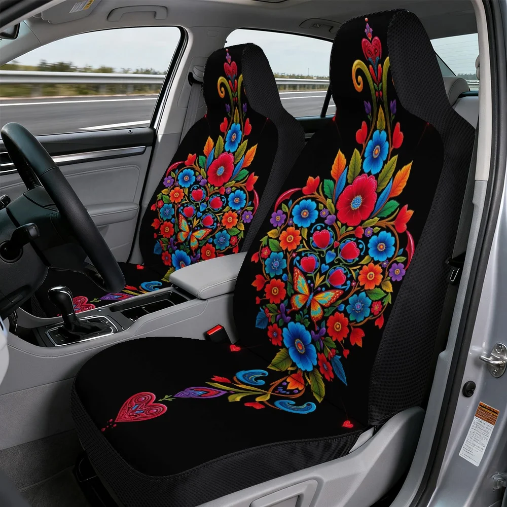 Universal Fit 2pcs Auto Seat Covers For Various Vehicles, Made From Durable Polyester Fabric, Featuring A Colorful Floral Hearts