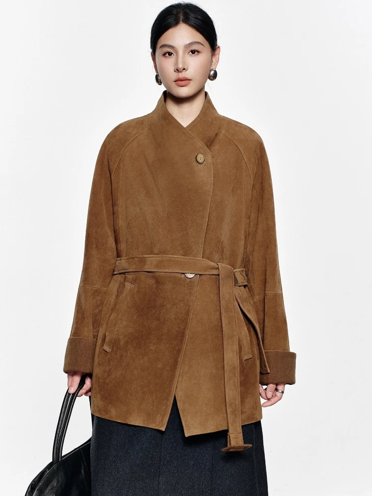 

Vintage Genuine Leather Suede Jackets for Women Spring Autumn 2026 New High-end Simple Stand Collar Real Goatskin Coat with Belt