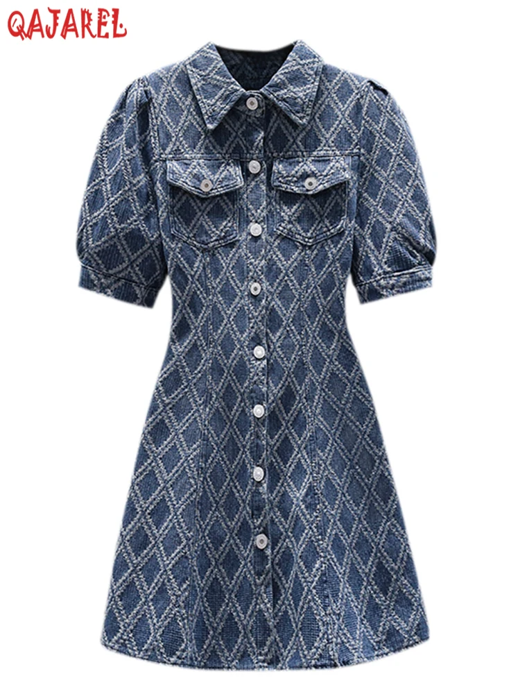 2024 Summer New Polo Collar Casual Check Denim Dress Korean Fashion Elegant Midi Dress Women Bodycon Vintage Chic Evening Dress