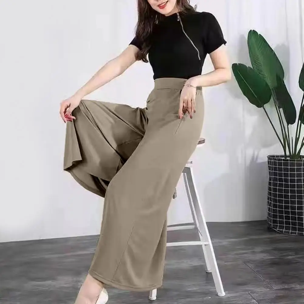 Брюки с широкой талией Женские широкие брюки с высокой талией и карманами Однотонные костюмные брюки для ношения Удобный стиль Эластичная резинка