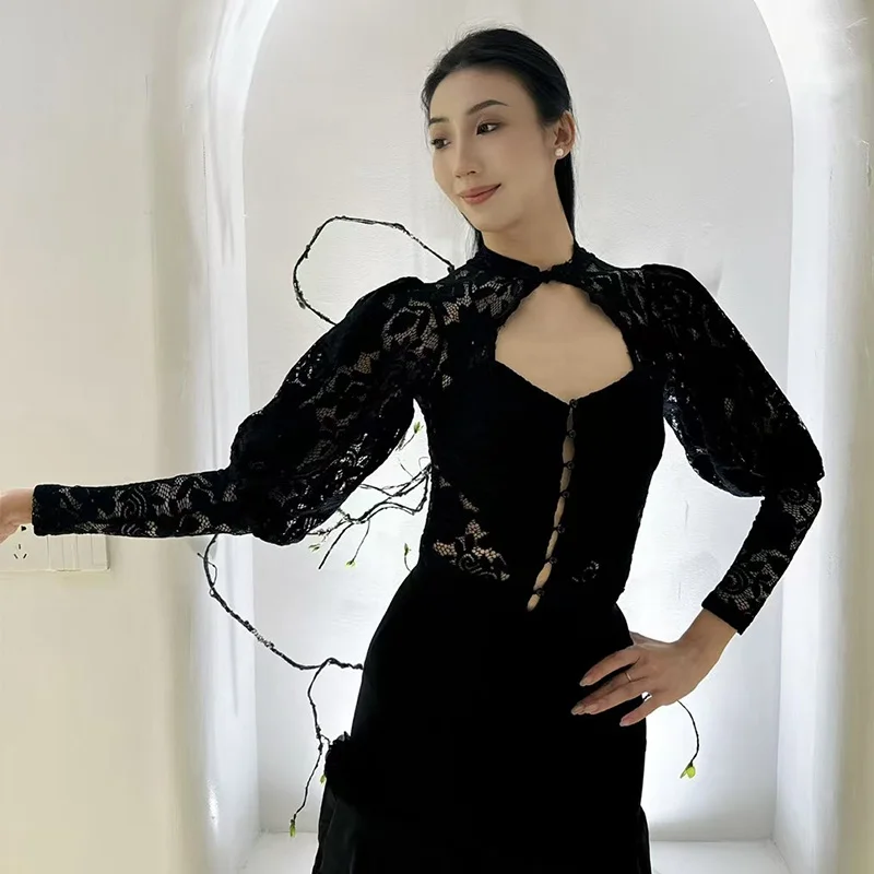 

2025 Black Lace Hollow Out Latin Dance Tops Women Ballroom Dance Practice Performance Costume Rumba Waltz Dance Clothing BL15833