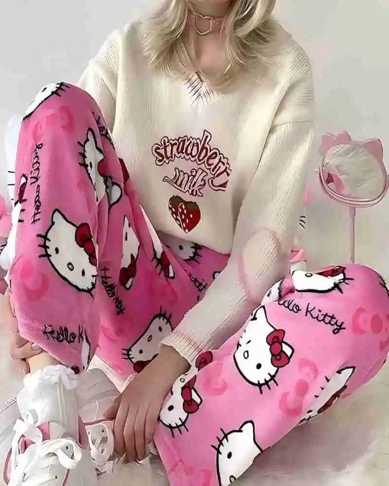 Sanurgente-Hello Kitty Glutnel Pyjama pour femme, Anime Kawaii, Dessin animé en laine chaud, Pantalon décontracté pour la maison