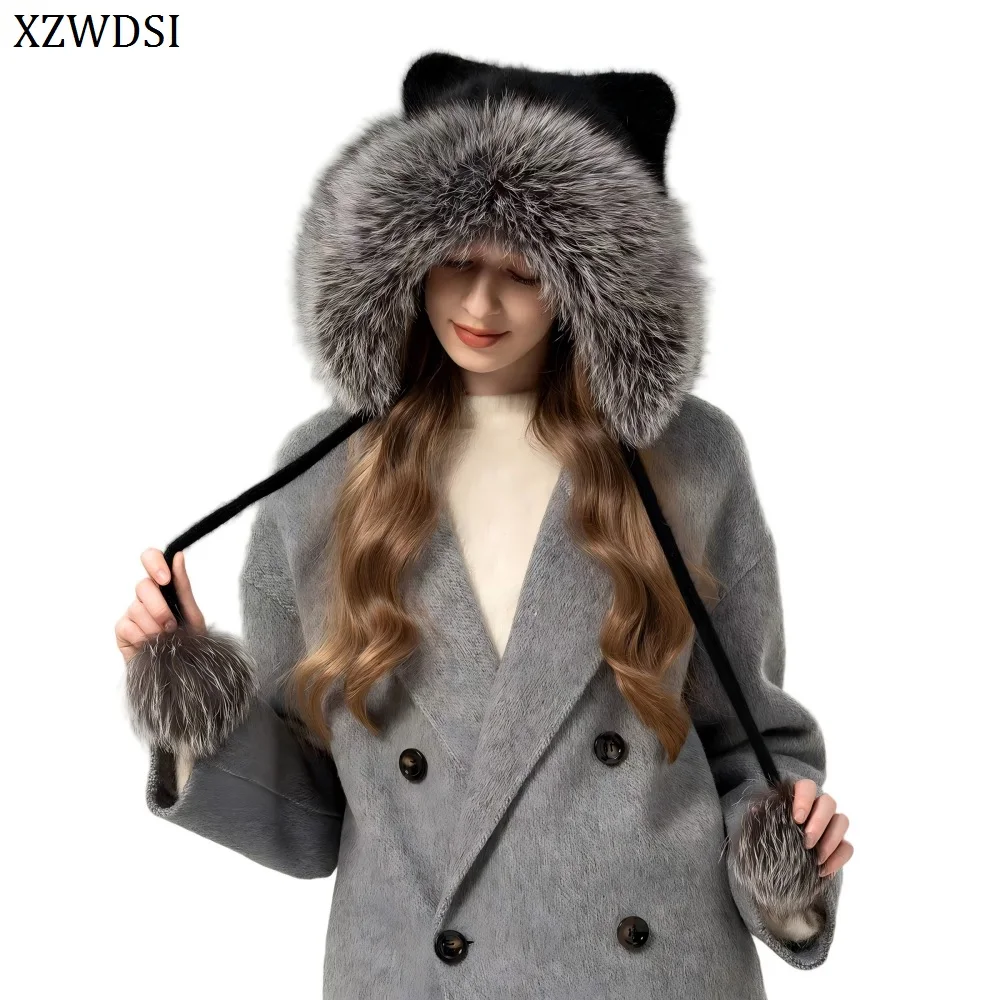 

Пушистая теплая женская шерстяная вязаная меховая шапка с отделкой из натурального лисьего меха и помпонами