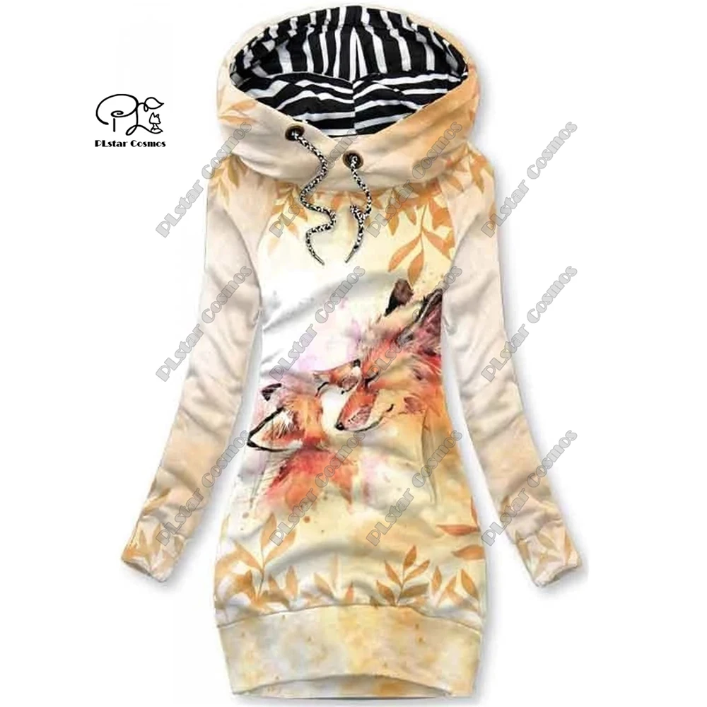 PLstar Cosmos 3D printed women's long sweatshirt dress animal series cute fox pattern casual slimming series