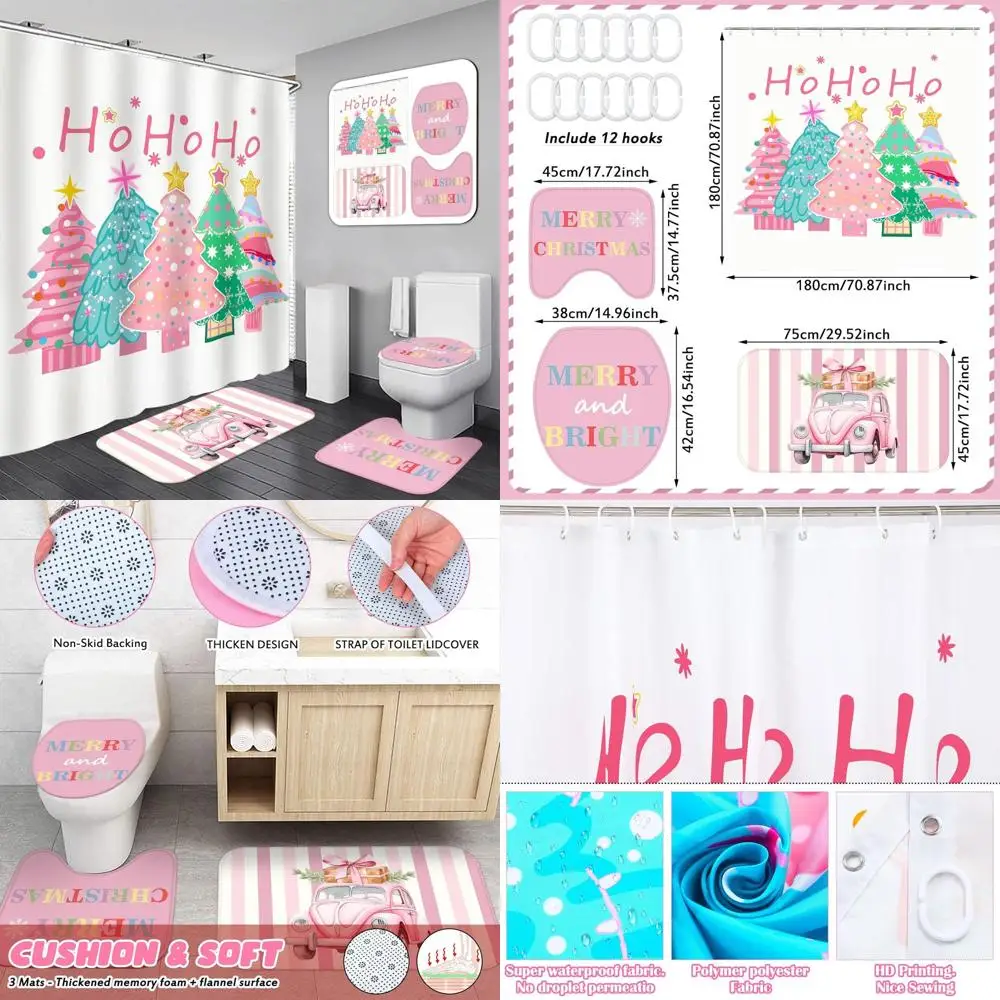 

Розовый рождественский комплект занавесок для душа с нескользящими ковриками, ковриком и крышкой унитаза для праздничного декора ванной комнаты