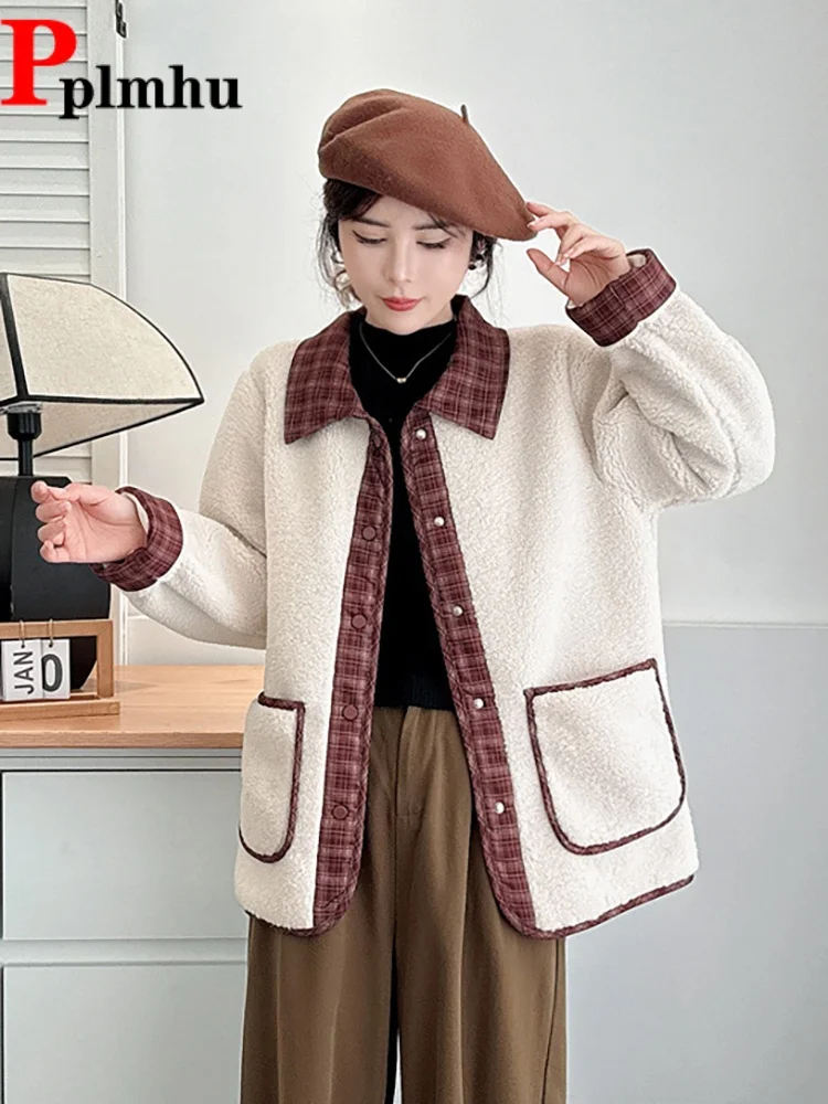 

Turn-Down Collar Patchwork Plaid Jackets Women's Casual Baggy Thickened Chaquetas Single Breasted Button Loose Fashion Jaquetas