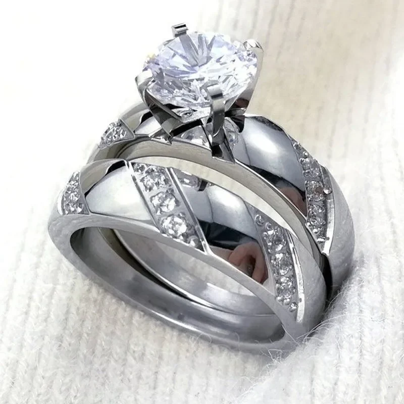 

Wedding engagement ring Size 5-10 hers women stainless steel Silver color Transparent stone