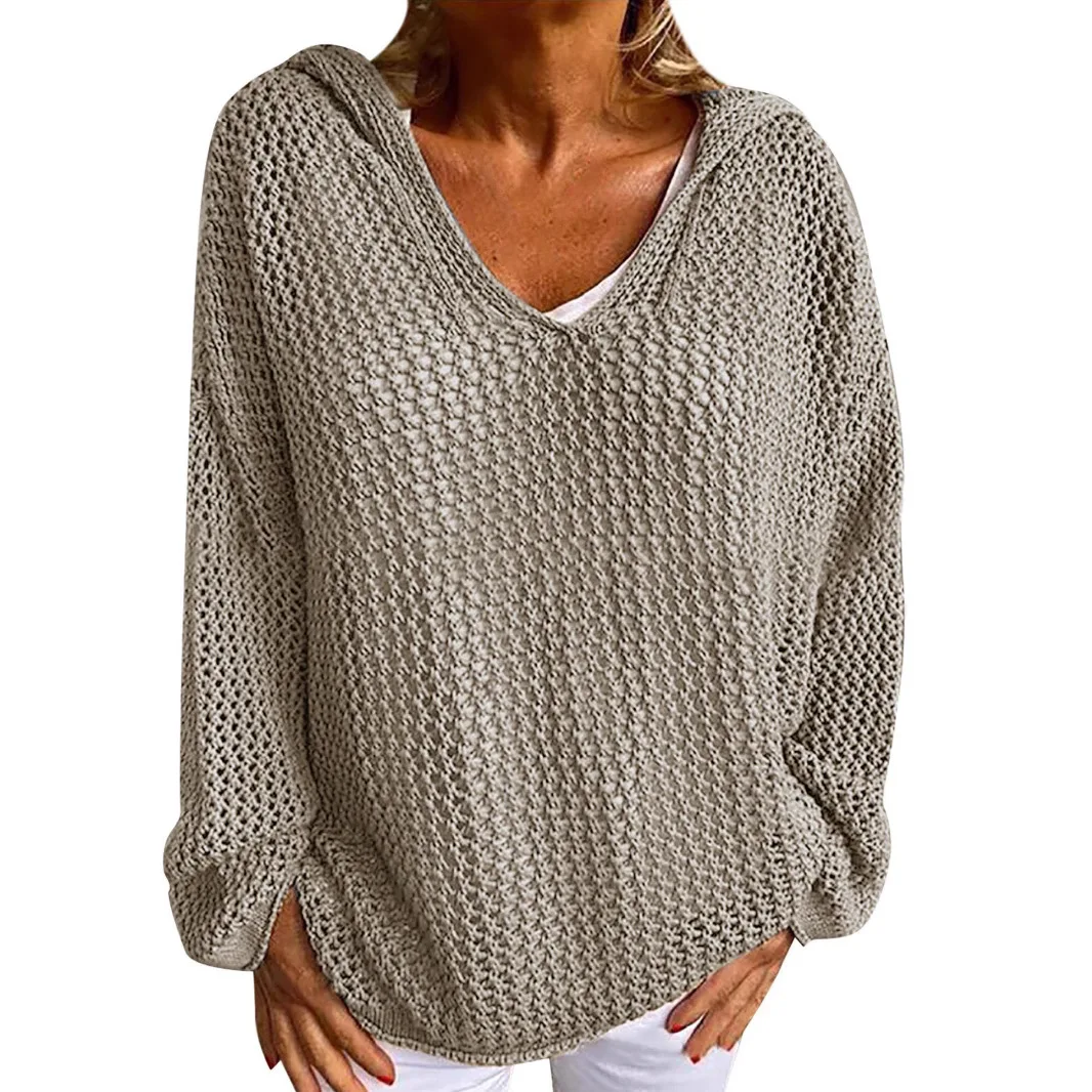 

European and American Foreign Trade Women's Clothing Hooded Loose Long-sleeved Hollow Knitted Sweater Cw64726