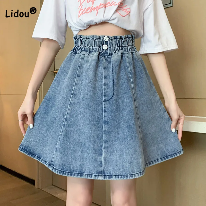 

Fashion Korean Female Denim Mini Skirts 2023 Summer Women's Clothing All-match Elastic High Waist Solid Color Loose A-Line Skirt