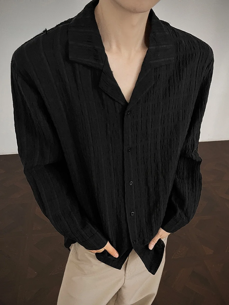 

Vintage Cuban Collar Long Sve Men's irt Casual Loose Fit Autumn Faionable Button up irt Clean Fit No ket Design