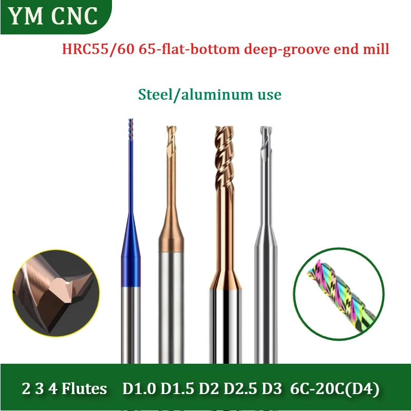 2 3 4 Flutes Solid Carbide End Mill HRC55/60/65 Nano Coating Flat Bottom Long Reach CNC Milling Cutter Tools For Metal Machining