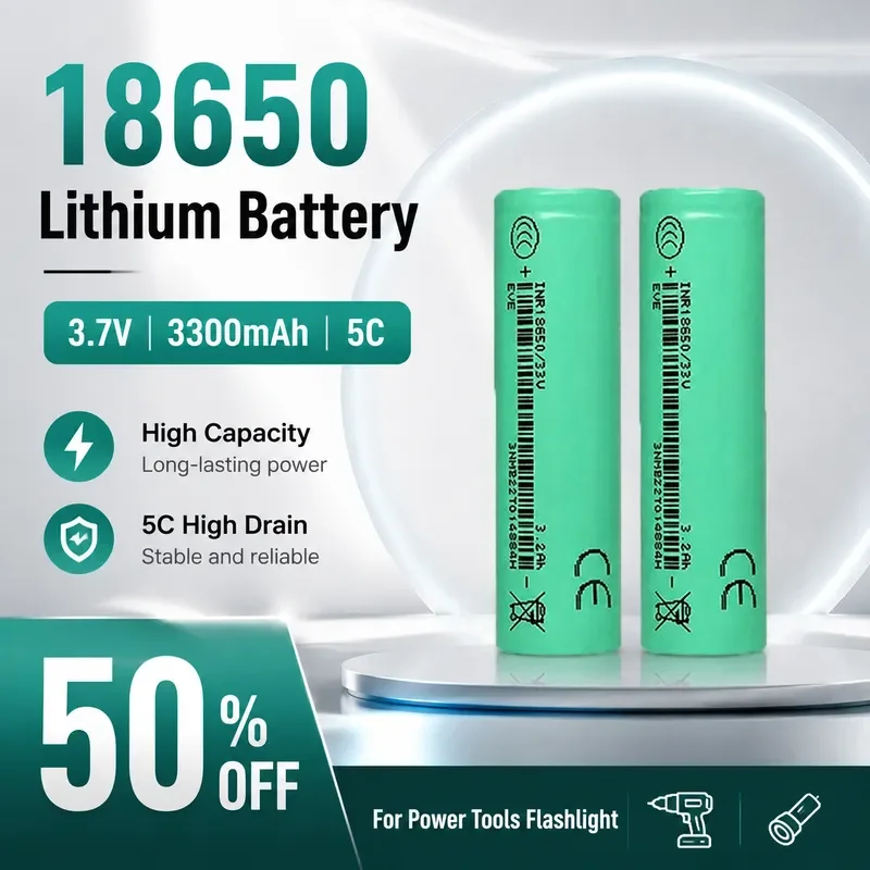 18650 Lithium Battery 3.7V 3300mAh 5C High Discharge Rechargeable Cell for Power Tools Flashlight Long Battery Life