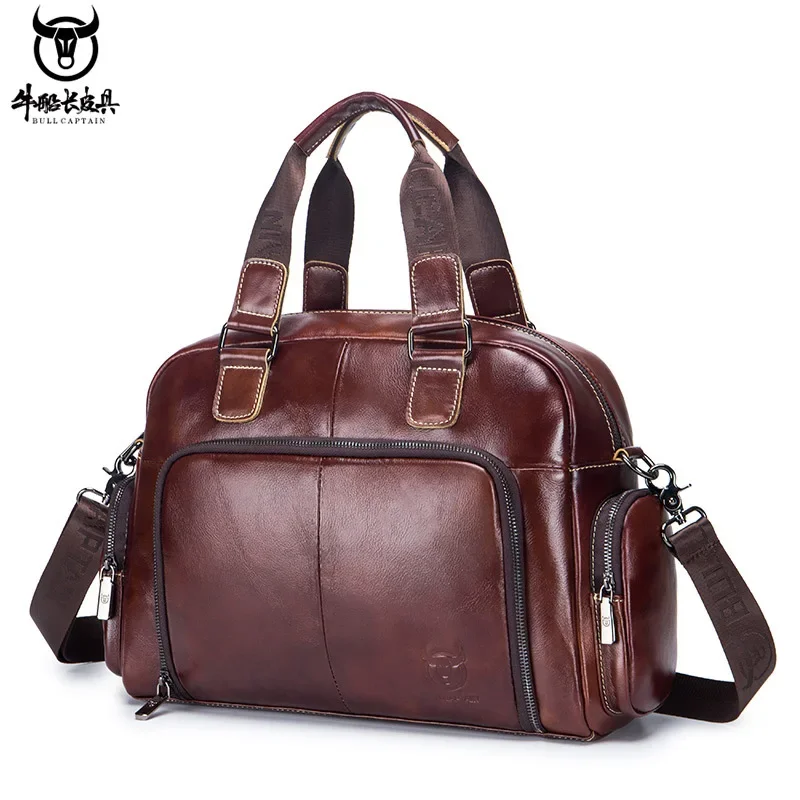 Genuine Leather Men's Single Shoulder Crossbody Handbag Top Grain Cowhide Large Capacity Slant Cross Travel Briefcase