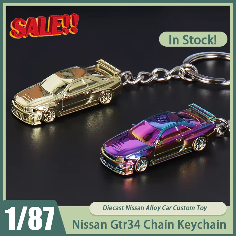 New In Stock Seeker 1:87 Nissan Gtr34 Electroplated Color Chain Keychain Alloy Model Miniature Diecast Ornaments Custom Toys