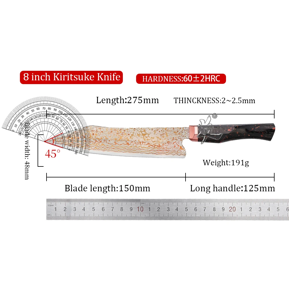 YAN  Japanese 5PCS 77 Layers Rainbow Damascus VG10 10Cr15CoMoV Kiritsuke Kitchen Knife Copper Bolster Carbon Fiber Handle