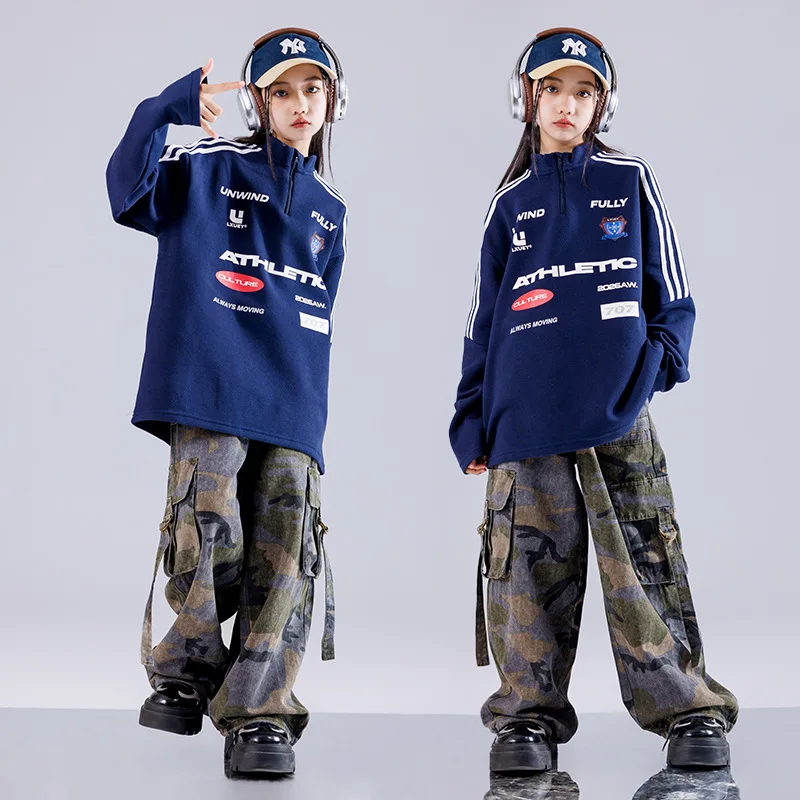 Children Hip Hop Dance Costume Girls Blue Sweat Tops Cargo Pants Streetwear Children Modern Jazz Dance Stage Performance Clothes