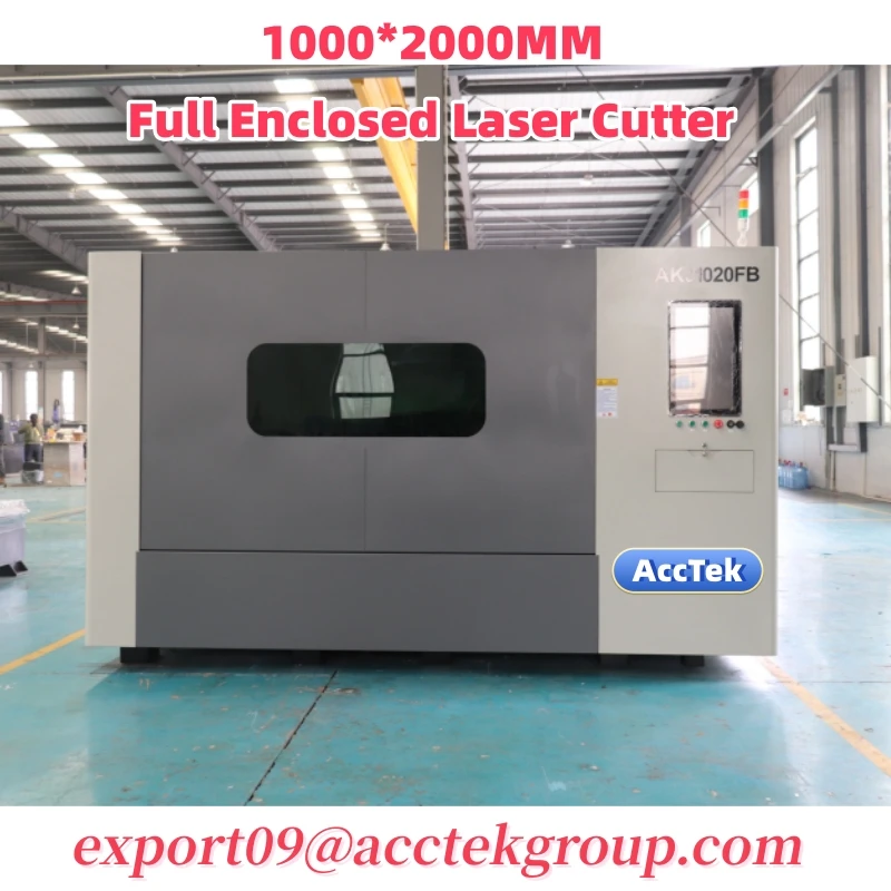 Máquina de corte láser de cubierta cerrada AccTek AKJ1530FB para metal, aluminio, latón, corte de letreros publicitarios, máquina de corte láser