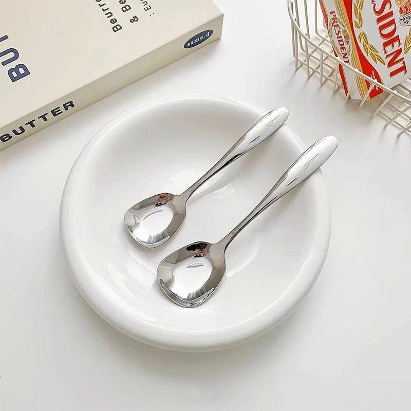 3 Size Stainless Steel Large Square Kitchen Spoon Flat-bottomed Rice Soup Ladle For Dessert Soup Spoon Tea Spoon