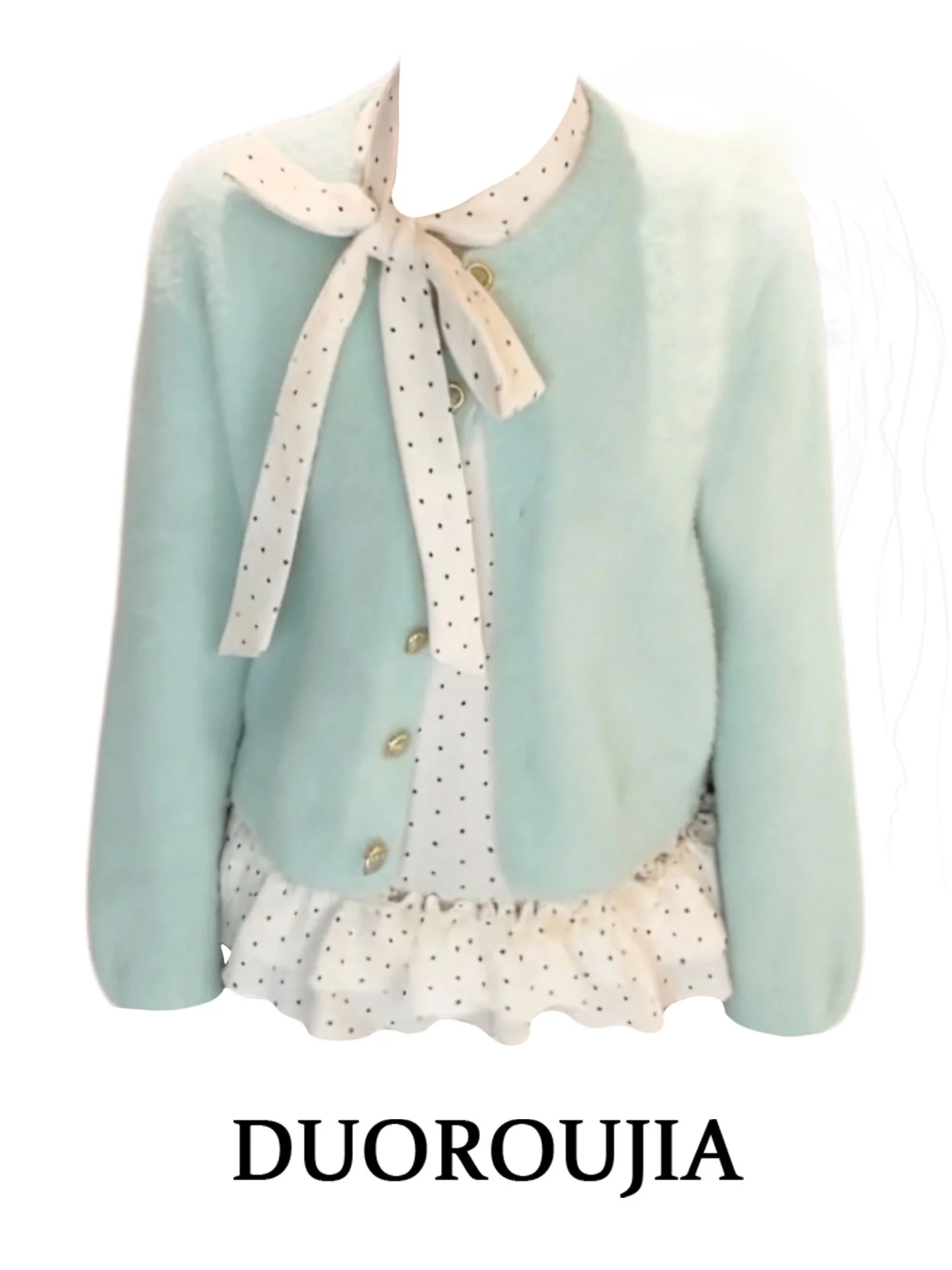 Suéter de punto verde agua para mujer, conjunto de dos piezas con camisa base de encaje de lunares, talla grande, estilo coreano delicado, para otoño e invierno.